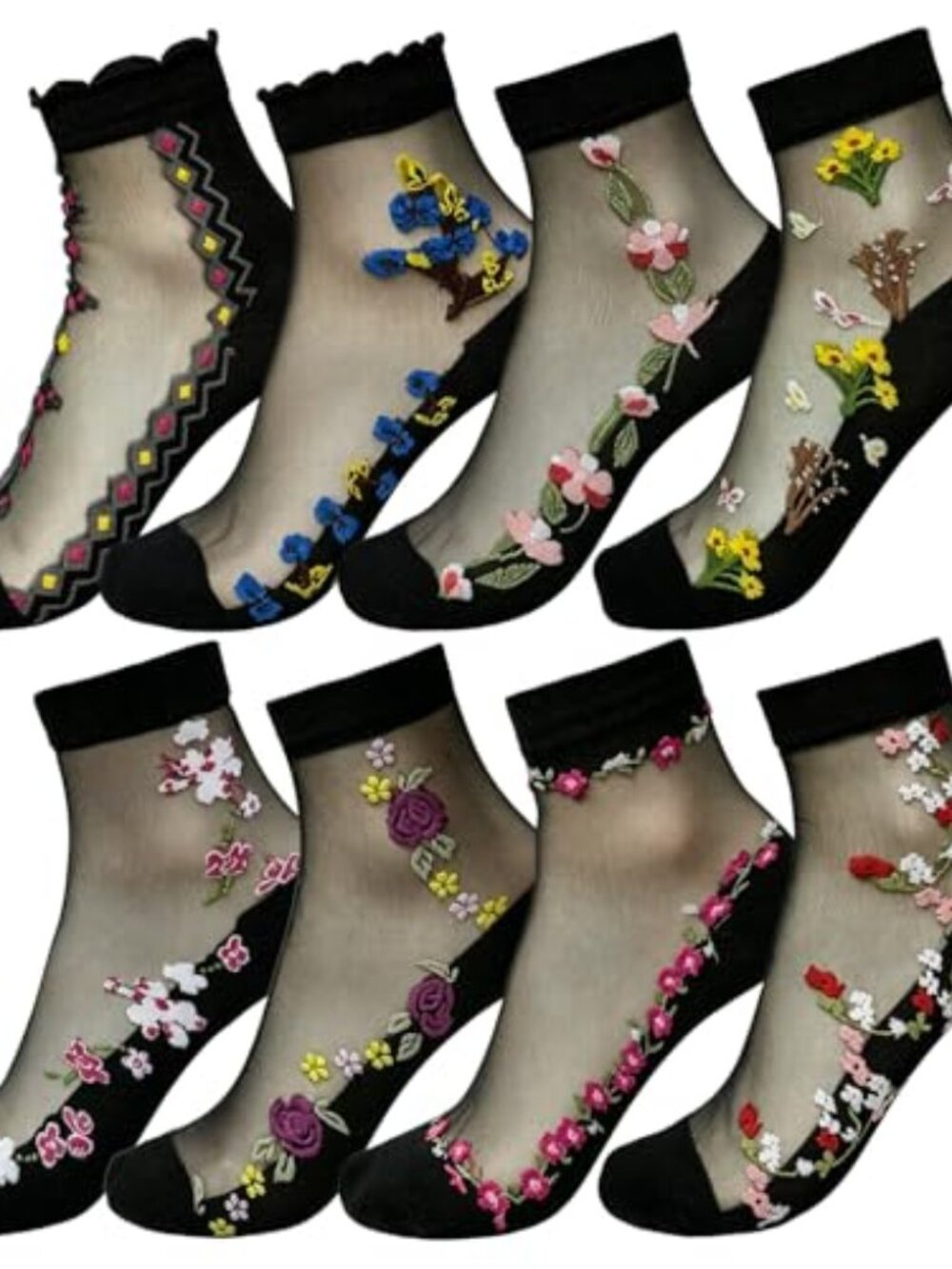 Womens Sheer Socks, 8 Pairs Floral Ankle Socks Summer Transparent Thin Mesh Silk